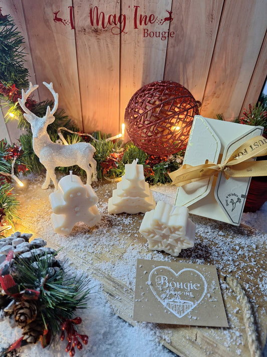 Bougie Cadeau de Noël en Écrin – Sapin, Flocon ou Bonhomme de Pain d’Épice